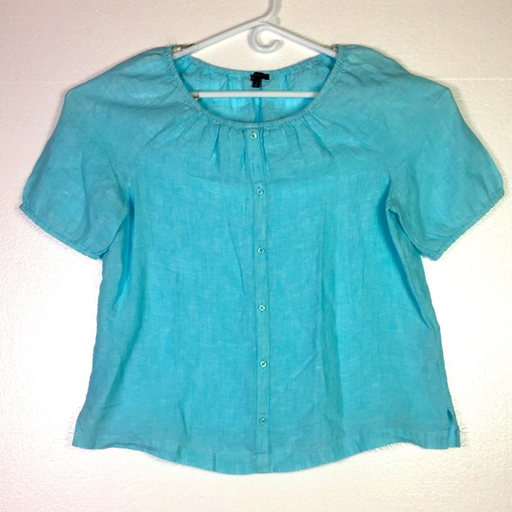 Talbots Linen Top Size L Blue Peasant Blouse Elastic neck short sleeves Pullover